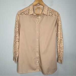 No. 21 Women’s Light Beige Lace Panels Buttons Front Blouse Top Size XS/S